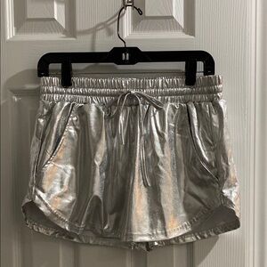 Silver Athletic Shorts with Elastic Waistband and Reflective Finish